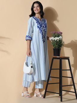 SHOWOFFFF - Women Striped A-Line Thread Work Blue Kurta with Trouser (Set of 2)