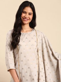 SHOWOFF - Taupe Women's Floral Straight Kurti and Sharara and Dupatta (Set of 3)
