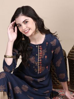 SHOWOFFFF - Women's Floral Teal Straight Kurta with Palazzo (Set of 2)