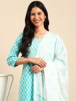 SHOWOFF - Women's Ethnic Motifs Blue Straight Kurta with Pant and Dupatta (Set of 3)