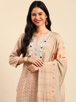SHOWOFF - Women's Floral Peach Straight Kurta with Pant and Dupatta (Set of 3)