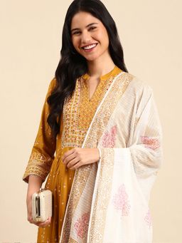 SHOWOFF - Women's Ethnic Motifs Mustard A-Line Kurta with Pant and Dupatta (Set of 3)
