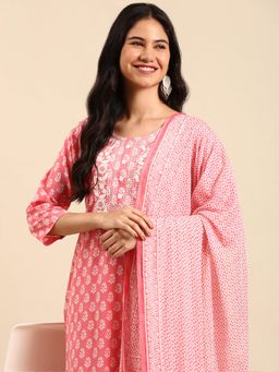 SHOWOFFFF - Women's Ethnic Motifs Pink Straight Kurta with Pant and Dupatta (Set of 3)
