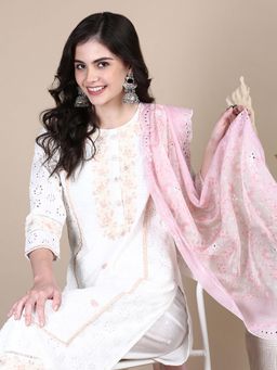 SHOWOFFFF - Women's Off White Straight Kurta with Pant and Dupatta (Set of 3)