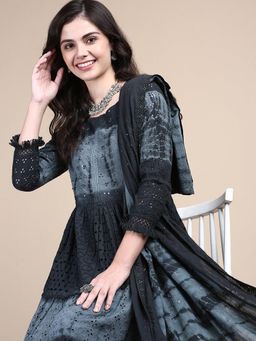 SHOWOFFFF - Women's Floral Charcoal Anarkali with Palazzos and Dupatta (Set of 3)