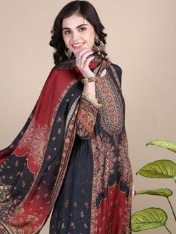 SHOWOFFFF - Women's Floral Charcoal A-Line Kurta with Pant and Dupatta (Set of 3)