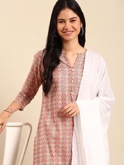 SHOWOFF - Women's Floral Peach Straight Kurta with Pant and Dupatta (Set of 3)