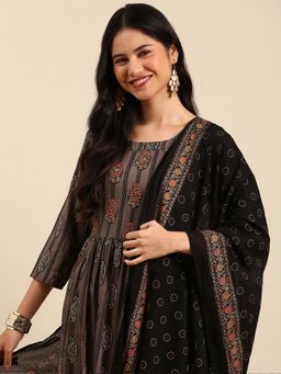 SHOWOFF - Women's Paisley Grey A-Line Kurta with Pant and Dupatta (Set of 3)