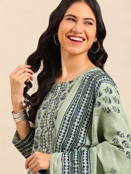 SHOWOFF - Women's Ethnic Motifs Green Straight Kurta with Pant and Dupatta (Set of 3)