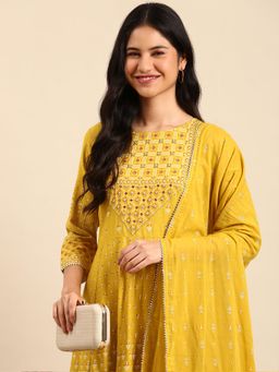 SHOWOFF - Women's Ethnic Motifs Yellow Anarkali with Pant and Dupatta (Set of 3)