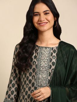 SHOWOFFFF - Women's Ethnic Motifs Grey Straight Kurta with Pant and Dupatta (Set of 3)