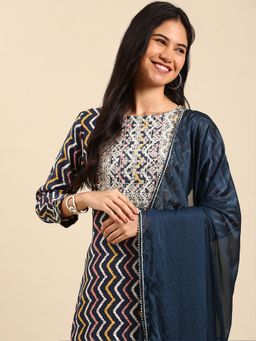 SHOWOFF - Women's Chevron Navy Blue Straight Kurta with Pant and Dupatta (Set of 3)