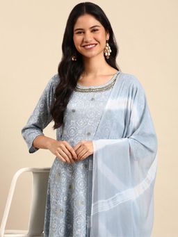 SHOWOFF - Women's Blue A-Line Kurta with Pant and Dupatta (Set of 3)