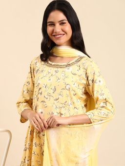 SHOWOFFFF - Women's Yellow A-Line Kurta with Pant and Dupatta (Set of 3)