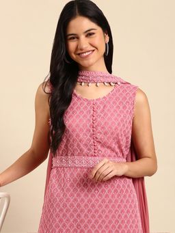SHOWOFF - Women's Pink Straight Kurta with Sharara, Dupatta and Belt (Set of 4)