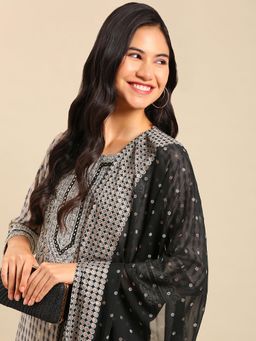 SHOWOFF - Women's Ethnic Motifs Grey Straight Kurta with Palazzo and Dupatta (Set of 3)