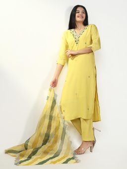 SHOWOFF - Womens Yellow Straight Kurta & Pant with Dupatta (Set of 3)
