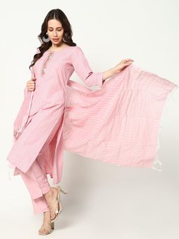 SHOWOFF - Womens Stripes Pink Straight Kurta & Pant with Dupatta (Set of 3)