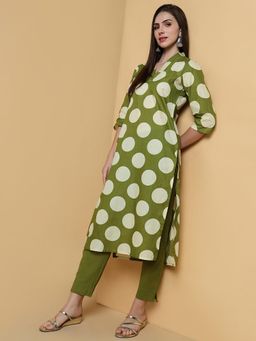 SHOWOFF - Womens Polka Dots Green Straight Kurta & Pant (Set of 2)