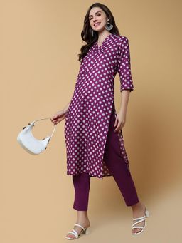 SHOWOFF - Womens Polka Dots Purple Straight Kurta & Pant (Set of 2)