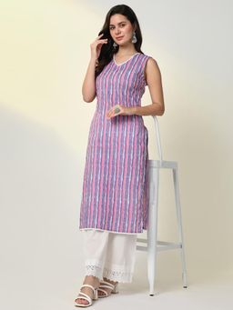 SHOWOFF - Womens Purple Stripes Straight Kurta & Pant (Set of 2)