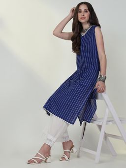 SHOWOFFFF - Womens Stripes Blue Straight Kurta & Pant (Set of 2)