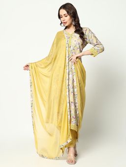 SHOWOFFFF - Womens Floral Yellow Straight Kurta & Pant with Dupatta (Set of 3)