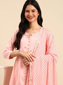 SHOWOFF - Womens Solid Pink Anarkali Kurta & Palazzo with Dupatta (Set of 3)
