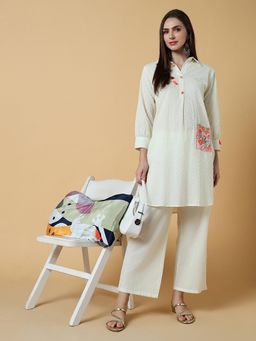SHOWOFF - Womens Self Design Off White Straight Kurta & Pant (Set of 2)