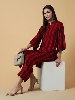 SHOWOFFFF - Womens Stripes Red Straight Kurta & Pant (Set of 2)