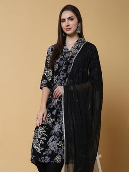 SHOWOFF - Womens Floral Black A-Line Kurta & Pant with Dupatta (Set of 3)