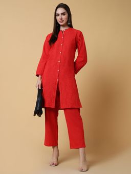 SHOWOFFFF - Womens Self Design Red Straight Kurta & Pant (Set of 2)