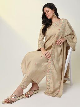 SHOWOFF - Womens Beige Floral Straight Kurta & Pant with Dupatta (Set of 3)
