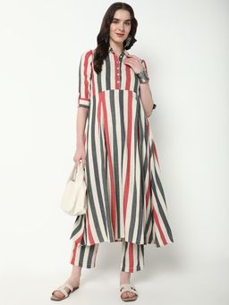 SHOWOFFFF - Womens Multi-Color Stripes Anarkali Kurta with Pant (Set of 2)