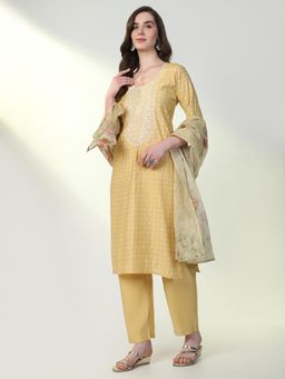 SHOWOFFFF - Womens Yellow Ethnic Motifs Straight Kurta & Pant with Dupatta (Set of 3)