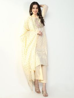 SHOWOFF - Womens Floral Cream Straight Kurta & Pant with Dupatta (Set of 3)