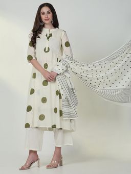 SHOWOFF - Womens Geometric Off White A-Line Kurta & Pant with Dupatta (Set of 3)