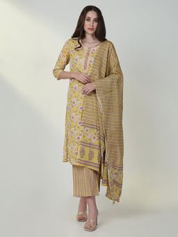 SHOWOFFFF - Womens Floral Yellow Straight Kurta & Pant with Dupatta (Set of 3)
