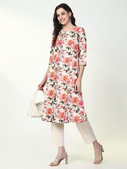 SHOWOFF - Womens Floral Orange A-Line Kurta & Pant (Set of 2)