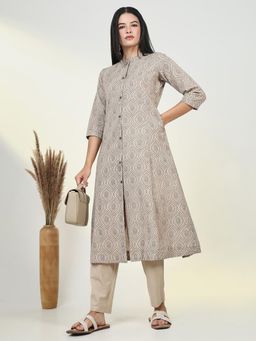 SHOWOFF - Womens Geometric Beige A-Line Kurta & Pant (Set of 2)