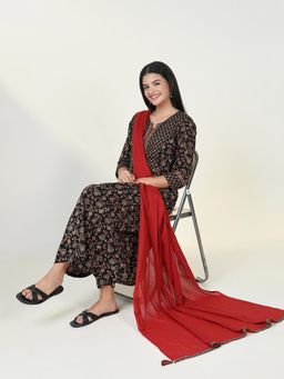 SHOWOFF - Womens Ethnic Motifs Black Anarkali Kurta & Patiala with Dupatta (Set of 3)