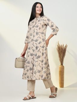 SHOWOFF - Womens Floral Beige A-Line Kurta & Pant (Set of 2)