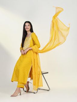 SHOWOFF - Womens Ethnic Motifs Yellow Straight Kurta & Pant with Dupatta (Set of 3)