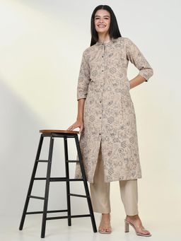 SHOWOFF - Womens Floral Beige A-Line Kurta & Pant (Set of 2)
