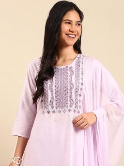 SHOWOFF - Womens Self Design Purple Straight Kurta & Pant with Dupatta (Set of 3)