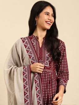 SHOWOFF - Womens Geometric Maroon Anarkali Kurta & Pant with Dupatta (Set of 3)