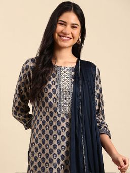 SHOWOFFFF - Womens Ethnic Motifs Grey Straight Kurta & Pant with Dupatta (Set of 3)