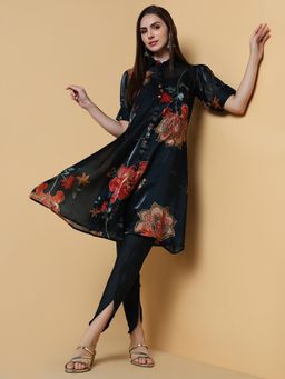 SHOWOFF - Womens Floral Navy Blue A-Line Kurta & Dhoti Pant with Inner Slip (Set of 3)