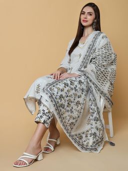 SHOWOFF - Womens Ethnic Motifs Off White Straight Kurta & Pant with Dupatta (Set of 3)