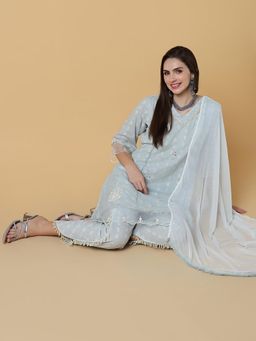 SHOWOFF - Womens Printed Grey A-Line Kurta & Dhoti Pant with Dupatta (Set of 3)
